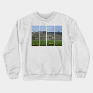 Wonderful landscapes in Norway. Vestland. Beautiful scenery of wooden cabins with grass on the roof, reflecting in the lake in a sunny summer day. Yellow flowers in foreground Crewneck Sweatshirt